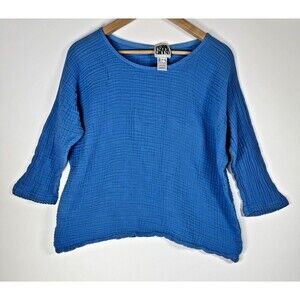 Prairie Underground Blouse Womens Large Blue Cotton Gauze Textured USA Made Boho